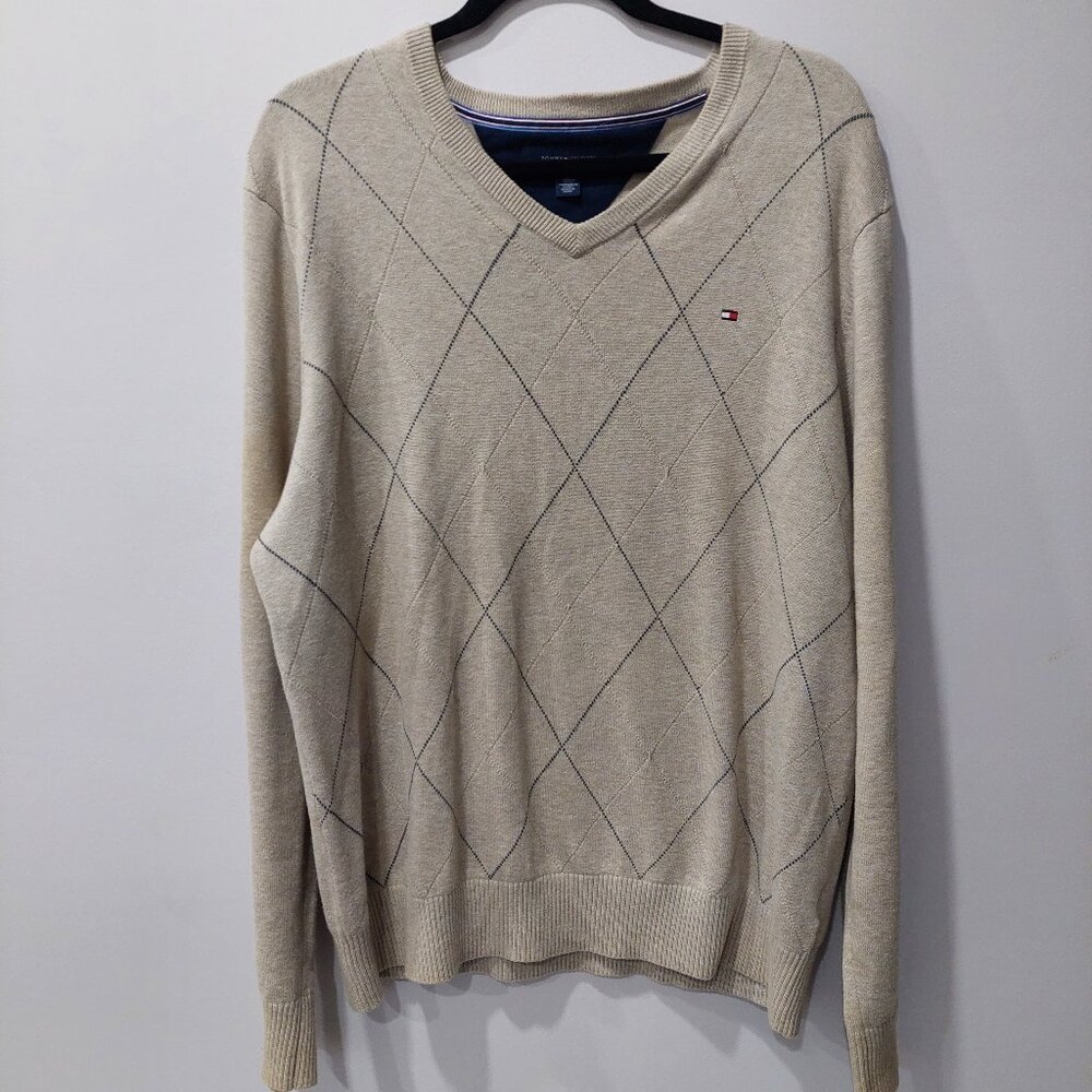 Tommy Hilfiger Men's Size L Sweater Argyle Beige Rhombuses 100% Cotton